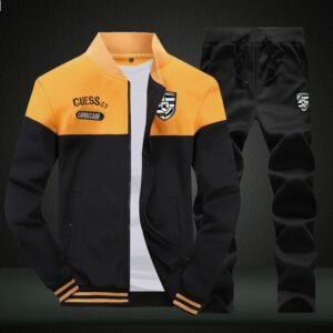 Męski dres sportowy w stylu baseballowym - Biało-niebieski – Żółty